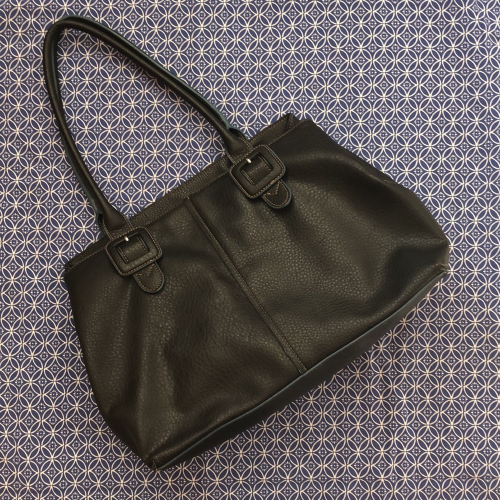 Liz Clairborne black faux leather tote bag with buckles and blue fabric lining